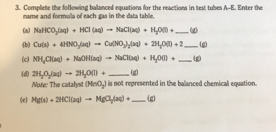 3. Complete the following balanced equations for the reactions in test tubes A-E. Enter the name and formula of each gas in t