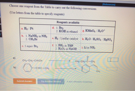 (References) Choose one reagent from the Table to carry out the following conversions (Use letters from the table to specify