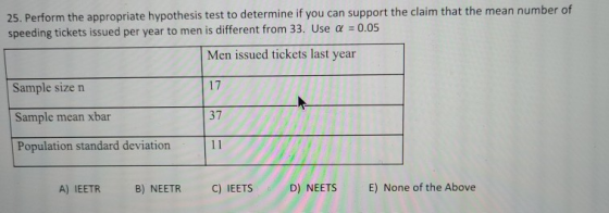 25. Perform the appropriate hypothesis test to determine if you can support the claim that the mean number of speeding ticket