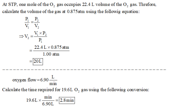 At STP, one mole of the O, gas occupies 22.4 L volume of the O2 gas. Threfore, calculate the volume of the gas at 0.875atm us