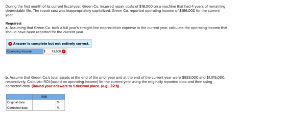During the first month of its current fiscal year, Green Co. incurred repair costs of $18,000 on a machine that had 4 years o