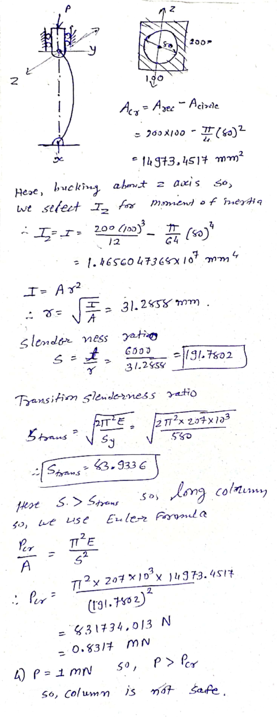 P z 200 N 200 (100) Acy= A sec - Acircle = 360x100 - 150) 14973,4517 mm? Heat, bucking about z axis so, we select I, for mom