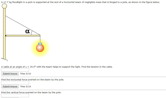 A 17.7 kg floodlight in a park is supported at the end of a horizontal beam of negligible mass that is hinged to a pole, as s