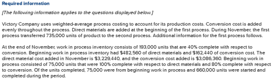Required information The following information applies to the questions displayed below.] Victory Company uses weighted-avera