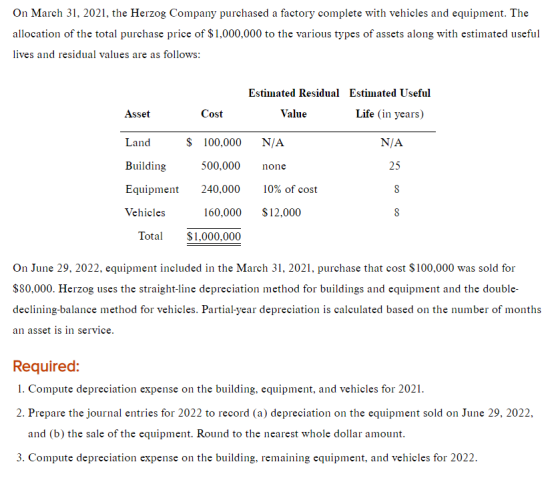 On March 31, 2021, the Herzog Company purchased a factory complete with vehicles and equipment. The allocation of the total p