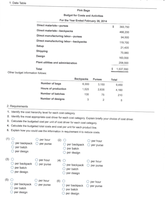 1: Data Table Pink Bags Budget for Costs and Activities For the Year Ended February 28, 2014 $ 393,750 466,200 94,500 Direct