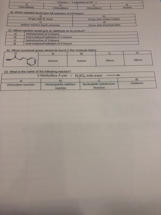 Choroalkane 30. Which reactant would give reduction of 2 Pentyne? H2gas with Pt metal H2 gas with Lindlar Catalyst Sodium met