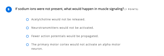 5 If sodium ions were not present, what would happen in muscle signaling? (1 POINTS) O Acetylcholine would not be released. O