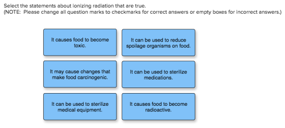 Select the statements about ionizing radiation that are true. (NOTE: Please change all question marks to checkmarks for corre