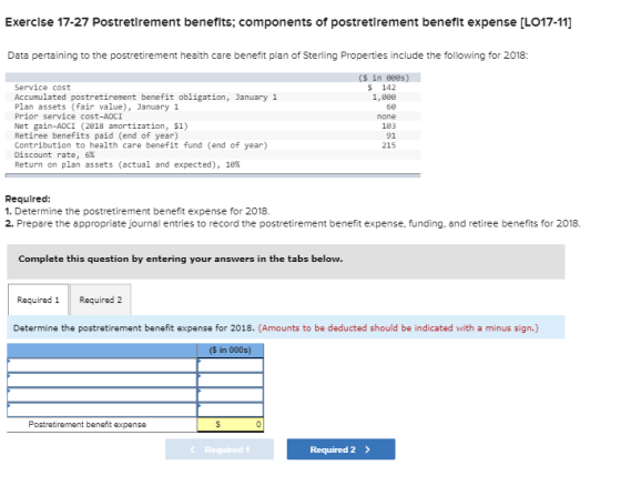 Exercise 17-27 Postretirement benefits; components of postretirement benefit expense (LO17-11] Data pertaining to the postret