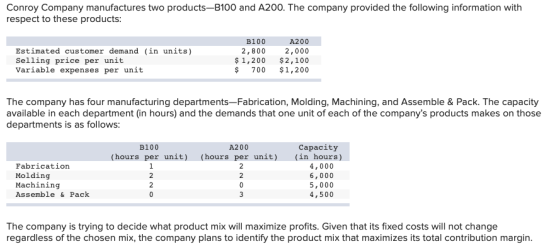 Conroy Company manufactures two products-B100 and A200. The company provided the following information with respect to these