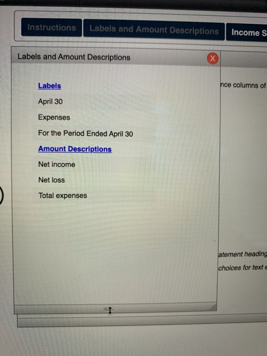 Instructions Labels and Amount Descriptions Income S Labels and Amount Descriptions x Labels nce columns of April 30 Expenses