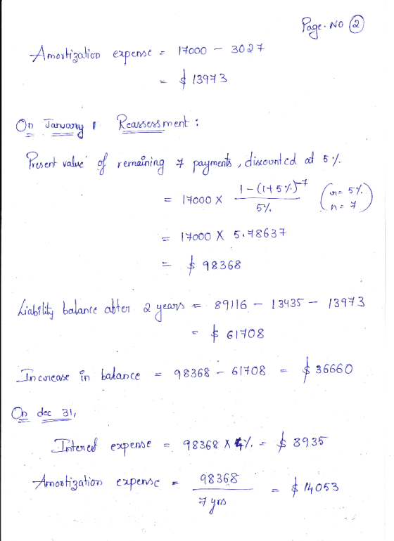 Page No ③ Amortization expense - 17000 – 3027 = $13943 On Jarwony. Reassers menti Present value of remaining # payments, disc