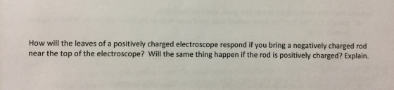 How will the leaves of a positively charged electroscope respond if you bring a negatively charged rod near the top of the electroscope? Will the same thing happen if the rod is positively charged? Explain.