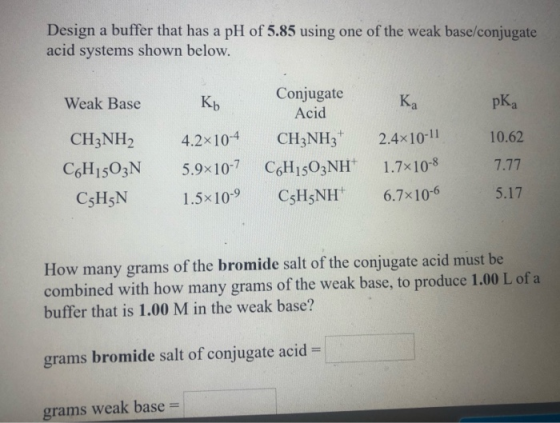 Design a buffer that has a pH of 5.85 using one of the weak base/conjugate acid systems shown below. Weak Base Kb pka 10.62 C