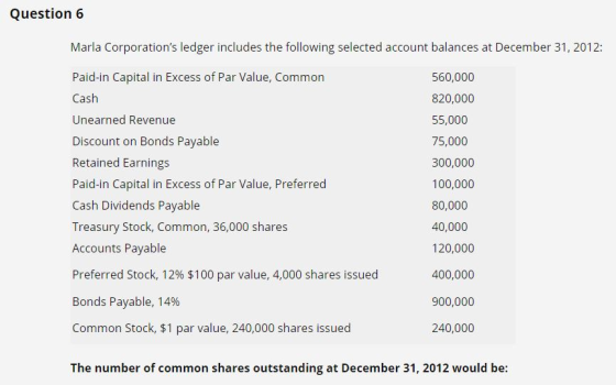 Question 6 Marla Corporations ledger includes the following selected account balances at December 31, 2012: 560,000 820,000