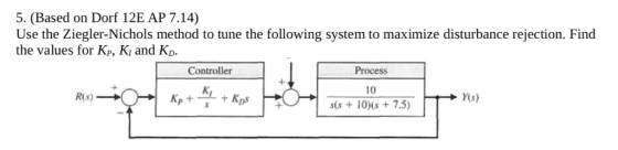 5. (Based on Dorf 12E AP 7.14) Use the Ziegler-Nichols method to tune the following system to maximize disturbance rejection.