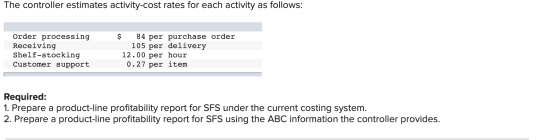 The controller estimates activity-cost rates for each activity as follows: Order processing Receiving Shelf-stocking Customer
