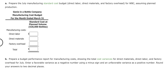 a. Prepare the July manufacturing standard cost budget (direct labor, direct materials, and factory overhead) for WBC, assumi