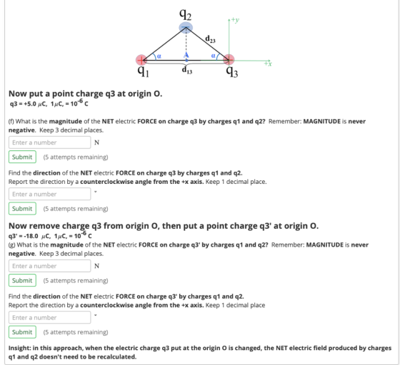 92 ty d23 a ti 91 d13 93 Now put a point charge q3 at origin O. 43 = +5.0 4C, 1ục, = 106 (f) What is the magnitude of the NET