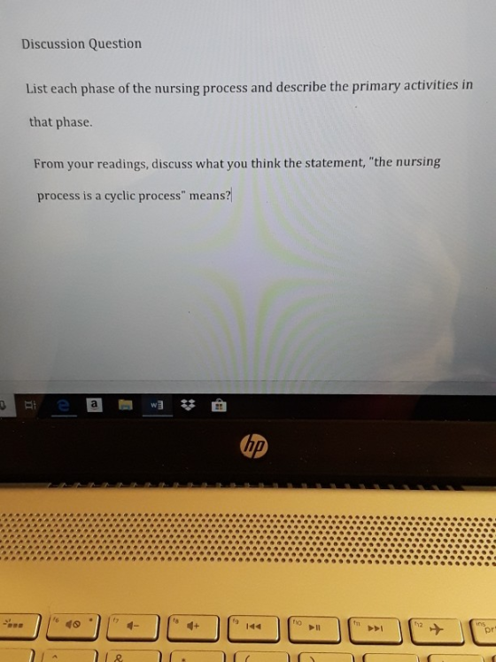 Discussion Question List each phase of the nursing process and describe the primary activities in that phase From your readings, discuss what you think the statement, the nursing process is a cyclic process means? up f12