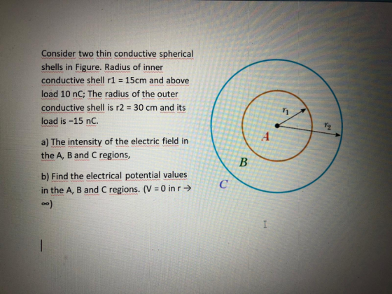 Consider two thin conductive spherical shells in Figure. Radius of inner conductive shell r1 = 15cm and above load 10 nC; The