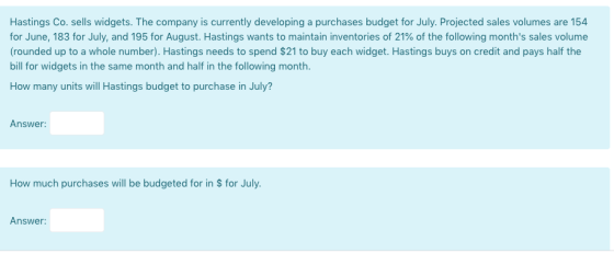 Hastings Co. sells widgets. The company is currently developing a purchases budget for July. Projected sales volumes are 154