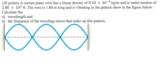 (20 points) A certain piano wire has a linear density of 8.50 x 10-3 kg/m and is under tension of 2.80 x 102 N. The wire is 1