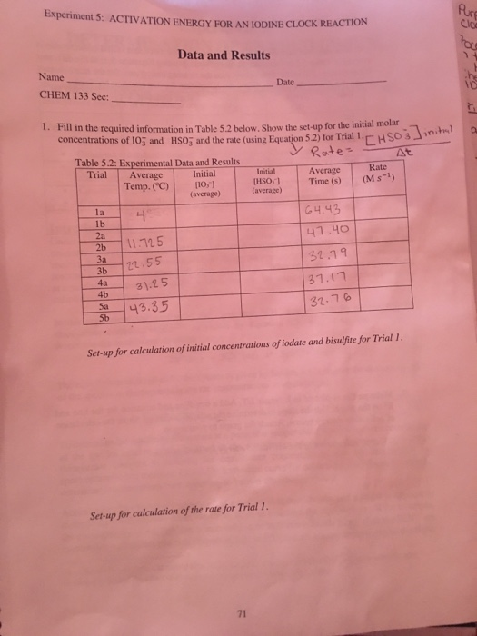 Experiment 5: ACTIVATION ENERGY FOR AN IODINE CL fur OCK REACTION Data and Results Name CHEM 133 Sec: Date 1. Fill in the required information in Table 5.2 helow. Show the set-up for the initial molar concentrations ofloǐ and Hso; and the rate (using Equation 52) for Tral.ㄷHSO nihl Table 5.2: Experimental Data and Results Trial Average Initial Initial Average Rate Temp.co) avcase (C) 10 HSO T (average Taverage)ime(s) 443 2a 3a 3b 21,55 4a 4b 3.2 5 32.19 31.17 32.76 58 43.35 Set-up for calculation of initial concentrations of iodate and bisulfue for Trial set-up for calculation of the rate for Trial 1 . 71