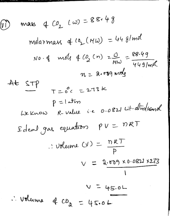  IV Calculate Its Volume in Liters Of 88 4 G Of CO2 At STP V H20