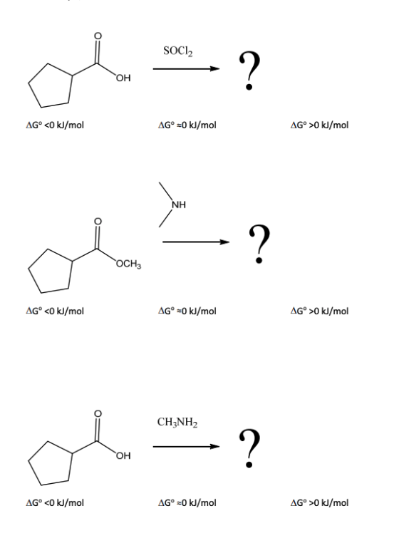 SOCI2 ol ? OH AGⓇ <0 kJ/mol AGⓇ =0 kJ/mol AGⓇ >0 kJ/mol NH a. OCH3 AGⓇ <0 kJ/mol AG° 0 kJ/mol AGⓇ >0 kJ/mol CH3NH2 ? ОН AG° <