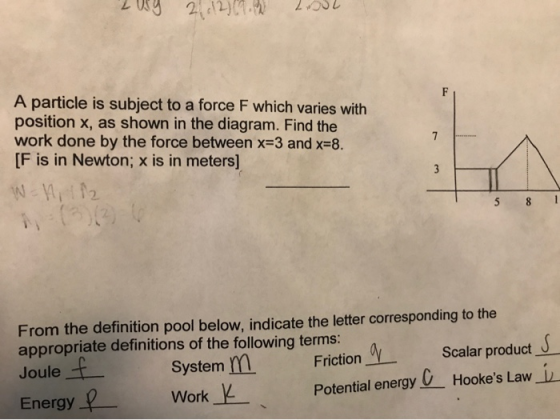 2 Oy 2, 12) (9.4 Loot A particle is subject to a force F which varies with position x, as shown in the diagram. Find the work