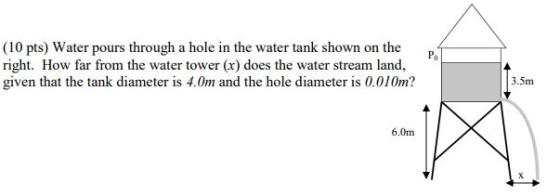 (10 pts) Water pours through a hole in the water tank shown on the right. How far from the water tower (r) does the water stream land, given that the tank diameter is 4.0m and the hole diameter is 0.010m? Po 3.5m 6.0m