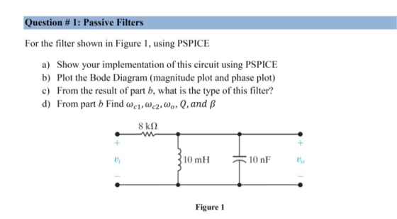 Question #1: Passive Filters For the filter shown in Figure 1, using PSPICE a) Show your implementation of this circuit using