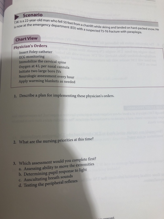 Scenario TW. is a 22-year-old is now at the emergency department (ED) with a suspected T5-T6 fracture with paraplegia. Iman w