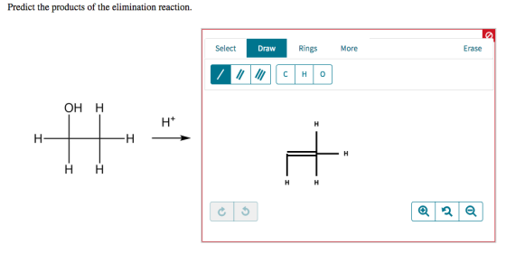 Predict the products of the elimination reaction. Select Rings Draw More Erase Н ОН Н H* Н Н. H. н н