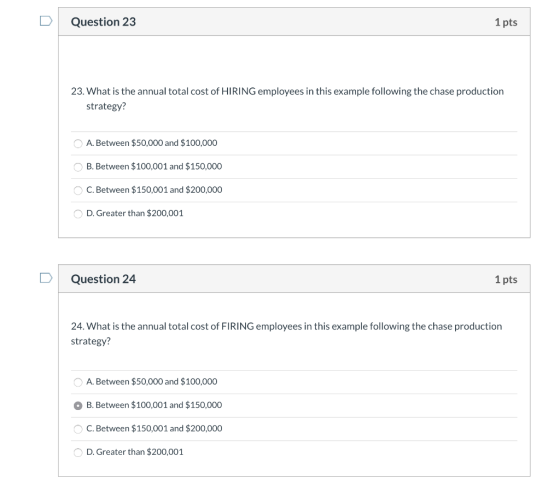 Question 23 1 pts 23. What is the annual total cost of HIRING employees in this example following the chase production strate