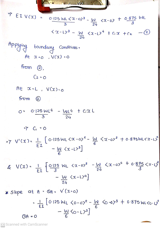7 EI V(2) <X-07 + 0.875 WIL. 0:879 0.125 WL (2-0)3. W 3 24 <0-173 W <a-ly trix + (z 24 Applying boundary conditions At 1-0 V