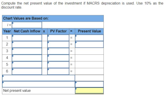 Compute the net present value of the investment if MACRS depreciation is used. Use 10% as the discount rate. Chart Values are Based on: | Year Net Cash Inflow x PV Factor Present Value 4 Net present value