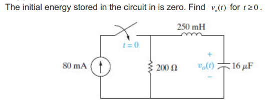 The initial energy stored in the circuit in is zero. Find vy(t) for 120. 250 mH 80 mA 2002 0,00) +16 4F