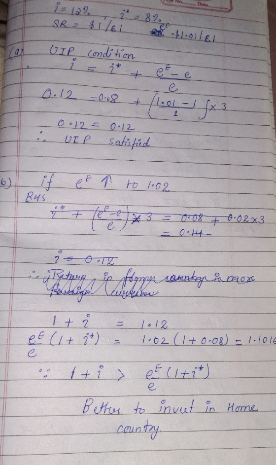 री 122. -89 SR= $1/61 UIP condition %3D 0.12-0.08 +/1.01-1 0.12=0.12 :- satisfied et 1 to l.02 if RHS 0.02x3. 0.08 sawnbarame