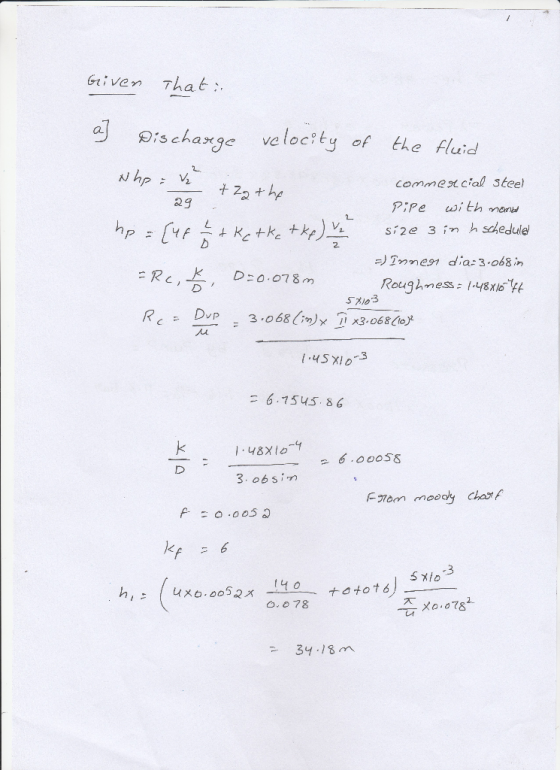 6-1; van That. a Ois chaxge velocity of he Fluid commexcial Steel 2 vp 6.1545.86 3. ob sin tot 6) 즈メ0.0782 34 18