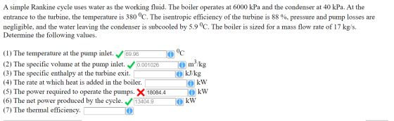 A simple Rankine cycle uses water as the working fluid. The boiler operates at 6000 kPa and the condenser at 40 kPa. At the e
