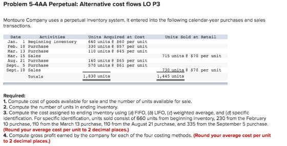 Problem 5-4AA Perpetual: Alternative cost flows LO P3 Montoure Company uses a perpetual inventory system. It entered into the