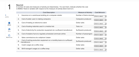 Required: A number of costs and measures of activity are listed below. For each item, indicate whether the cost is MAINLY fix