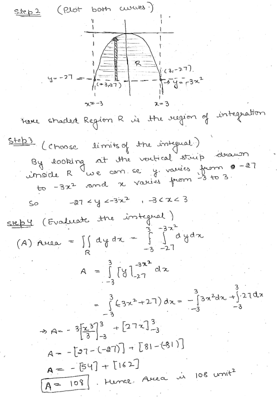 Stcp 2 (Plot both cweves.) y=-27 27 | 18+ 3x^ -3 2= 3 . 1631-27). *327777 .. 2=3 Hore shaded Region R is the region of integu