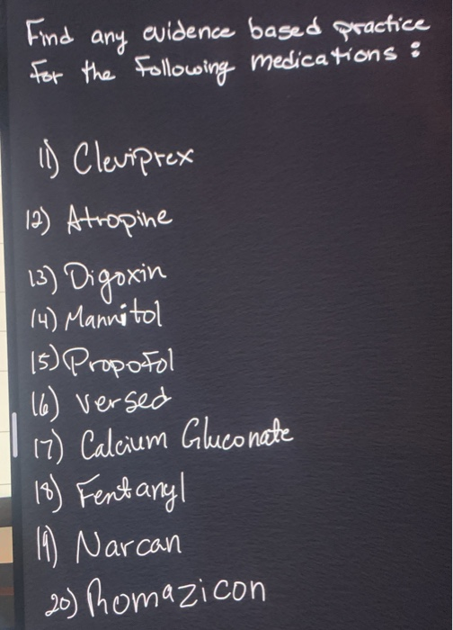 Find for any evidence based practice the following medications : 11) Cleviprex 12) Atropine 13) Digoxin (4) Mannitol 15) Prop