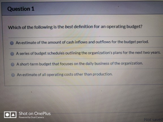 Question 1 Which of the following is the best definition for an operating budget? An estimate of the amount of cash inflows a