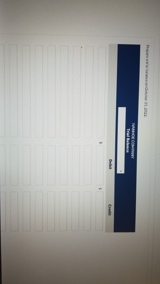Prepare a trial balance on October 31, 2022. IVANHOE COMPANY Trial Balance Debit Credit