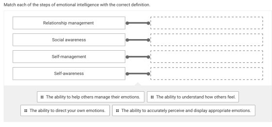 Match each of the steps of emotional intelligence with the correct definition. Relationship management Social awareness 1111